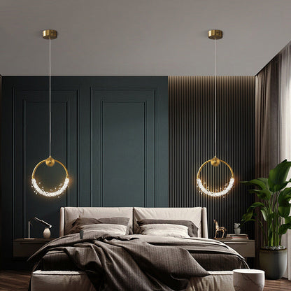 Contemporary Scandinavian Crystal Brass Ring Round LED Pendant Light For Living Room