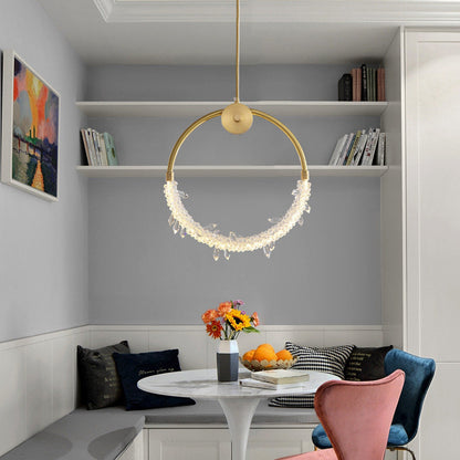 Contemporary Scandinavian Crystal Brass Ring Round LED Pendant Light For Living Room