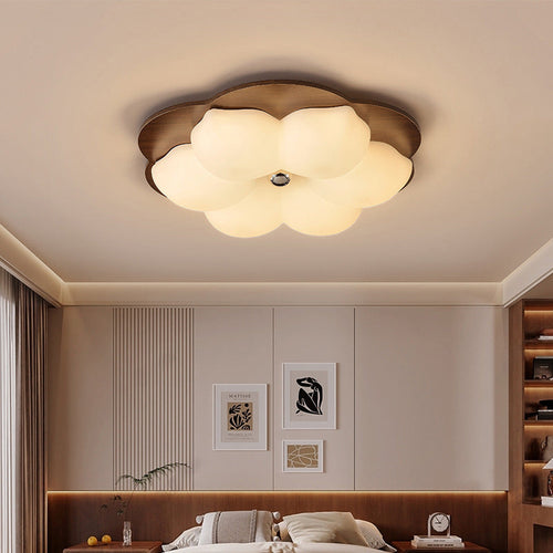 Traditional Chinese Solid Wood PE Iron Cloud Flower LED Flush Mount Ceiling Light For Bedroom