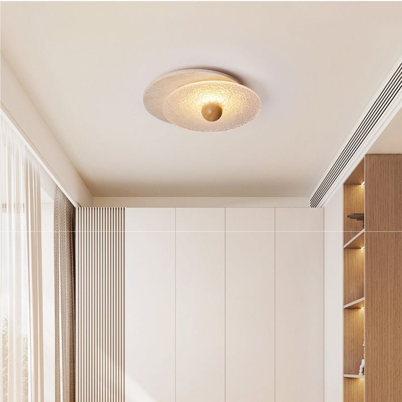 Traditional Vintage Travertine Wood Glass Stacked Round LED Flush Mount Ceiling Light For Bedroom