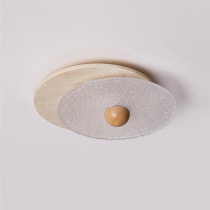 Traditional Vintage Travertine Wood Glass Stacked Round LED Flush Mount Ceiling Light For Bedroom