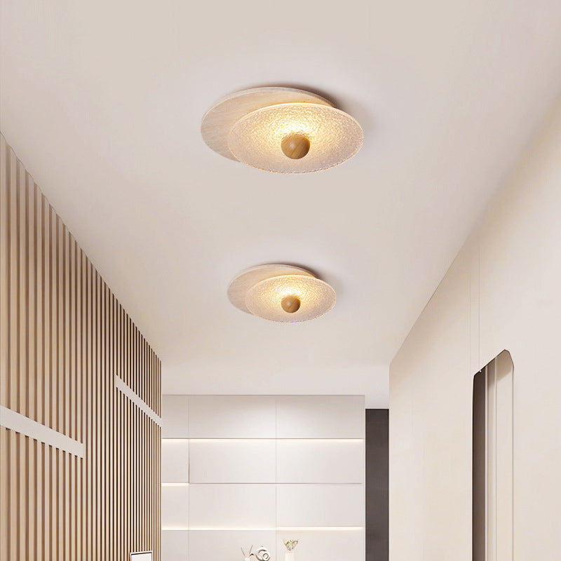 Traditional Vintage Travertine Wood Glass Stacked Round LED Flush Mount Ceiling Light For Bedroom