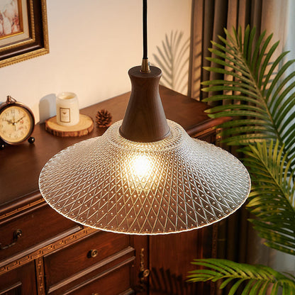 Traditional Chinese Glass Walnut Brass Flared Round 1-Light Pendant Light For Bedroom