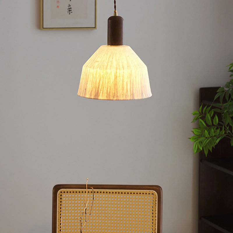 Traditional Japanese Xuan Paper Wood Metal Bowl Cylinder 1-Light Pendant Light For Living Room