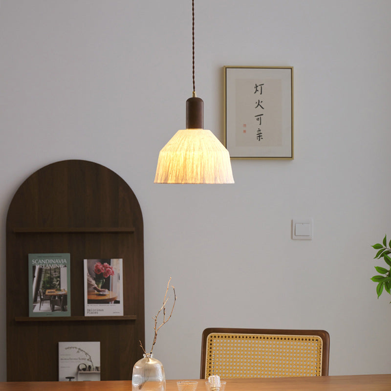 Traditional Japanese Xuan Paper Wood Metal Bowl Cylinder 1-Light Pendant Light For Living Room