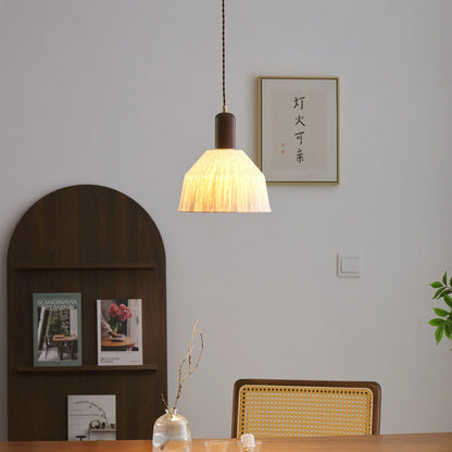 Traditional Japanese Xuan Paper Wood Metal Bowl Cylinder 1-Light Pendant Light For Living Room