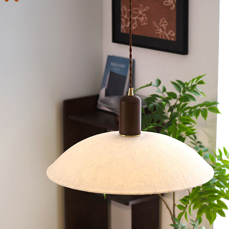 Traditional Japanese Xuan Paper Wood Metal Bowl Cylinder 1-Light Pendant Light For Living Room