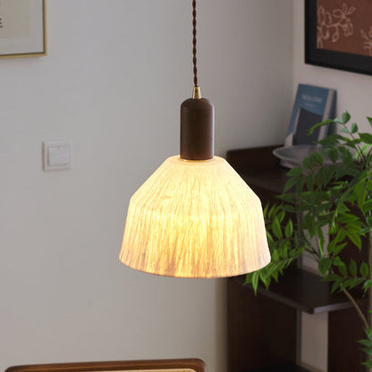 Traditional Japanese Xuan Paper Wood Metal Bowl Cylinder 1-Light Pendant Light For Living Room