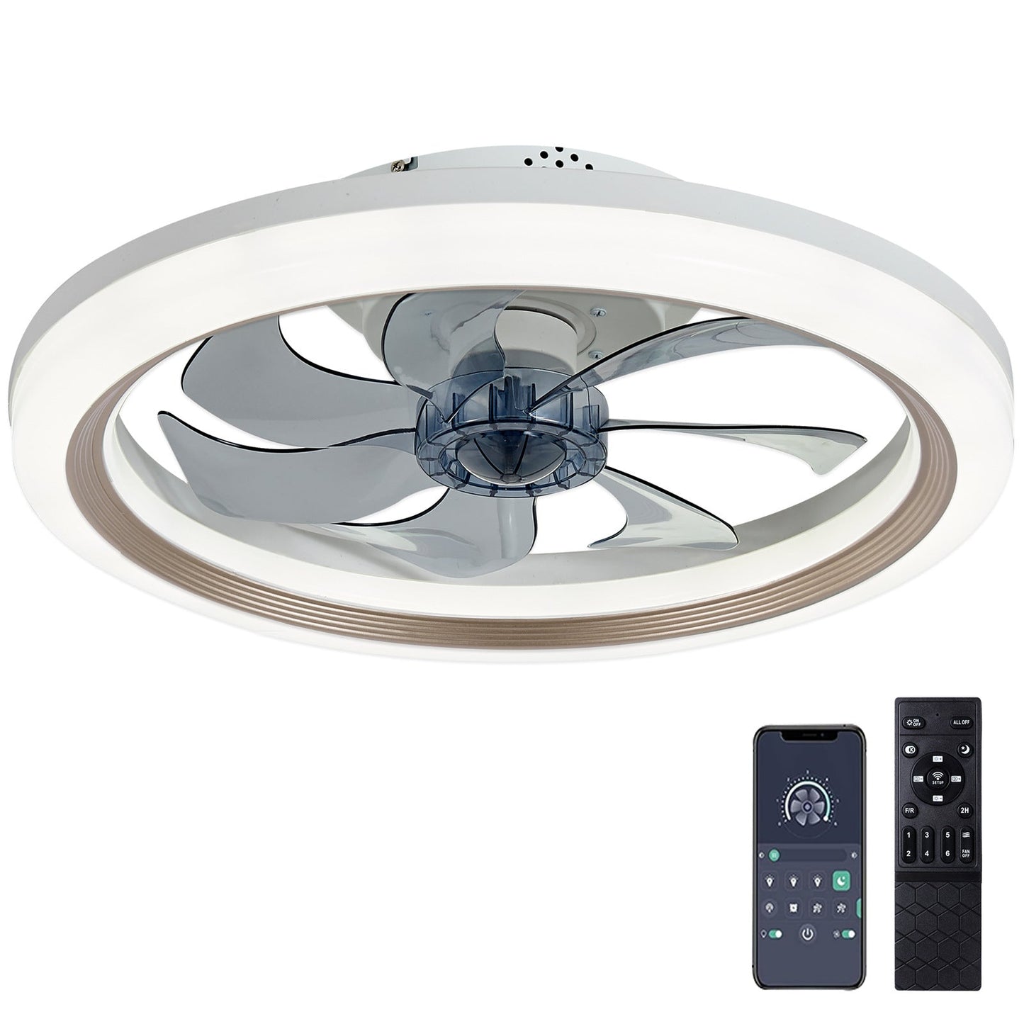 Contemporary Scandinavian Iron Acrylic ABS Round LED Semi-Flush Mount Ceiling Fan Light For Bedroom