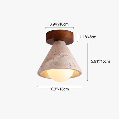 Traditional Mid-century Walnut Yellow Travertine Cone 1-light Semi-flush Mount Lighting for Living Room