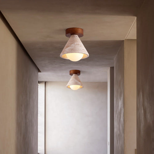 Traditional Mid-century Walnut Yellow Travertine Cone 1-light Semi-flush Mount Lighting for Living Room