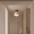 Traditional Mid-century Walnut Yellow Travertine Cone 1-light Semi-flush Mount Lighting for Living Room