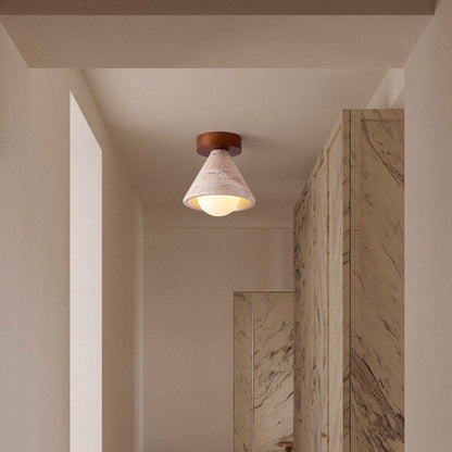 Traditional Mid-century Walnut Yellow Travertine Cone 1-light Semi-flush Mount Lighting for Living Room