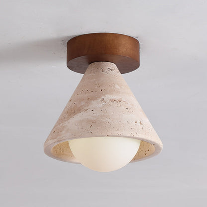 Traditional Mid-century Walnut Yellow Travertine Cone 1-light Semi-flush Mount Lighting for Living Room