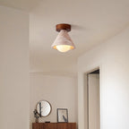 Traditional Mid-century Walnut Yellow Travertine Cone 1-light Semi-flush Mount Lighting for Living Room