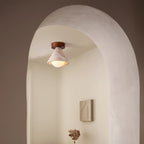 Traditional Mid-century Walnut Yellow Travertine Cone 1-light Semi-flush Mount Lighting for Living Room