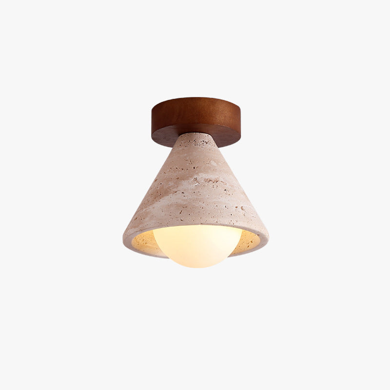 Traditional Mid-century Walnut Yellow Travertine Cone 1-light Semi-flush Mount Lighting for Living Room