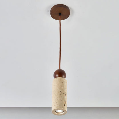 Traditional Japanese Yellow Travertine Solid Wood Cylinder Globe 1-Light Pendant Light For Dining Room