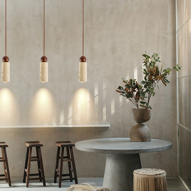 Traditional Japanese Yellow Travertine Solid Wood Cylinder Globe 1-Light Pendant Light For Dining Room