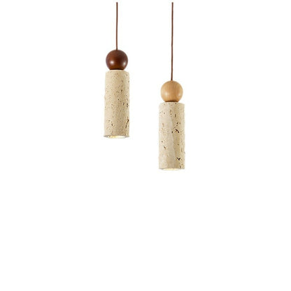 Traditional Japanese Yellow Travertine Solid Wood Cylinder Globe 1-Light Pendant Light For Dining Room