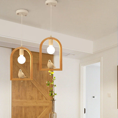 Traditional Farmhouse Rubberwood Iron Glass Angel Bird Round 1-Light Pendant Light For Living Room