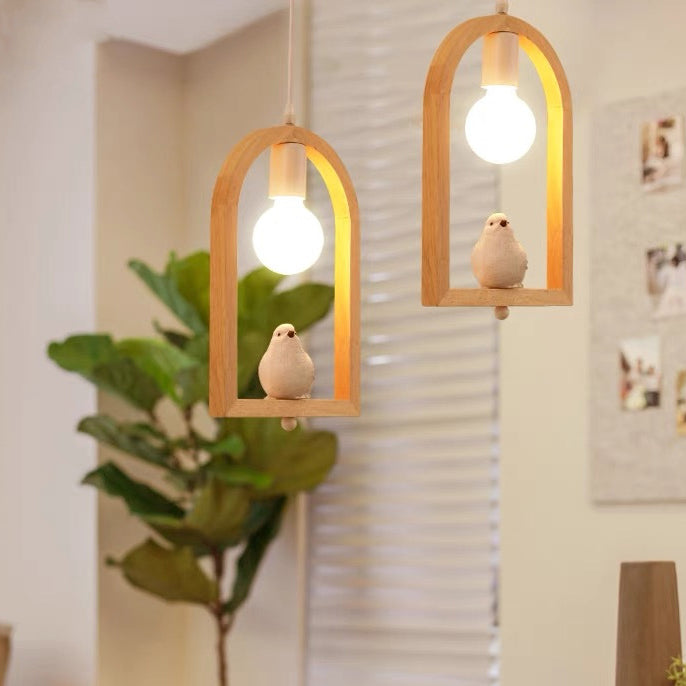 Traditional Farmhouse Rubberwood Iron Glass Angel Bird Round 1-Light Pendant Light For Living Room