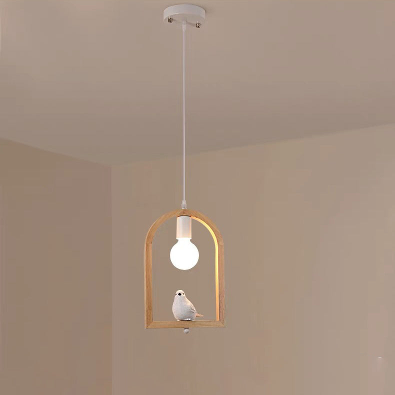 Traditional Farmhouse Rubberwood Iron Glass Angel Bird Round 1-Light Pendant Light For Living Room