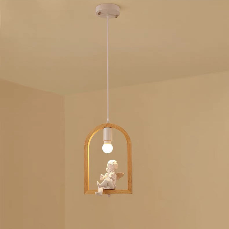 Traditional Farmhouse Rubberwood Iron Glass Angel Bird Round 1-Light Pendant Light For Living Room