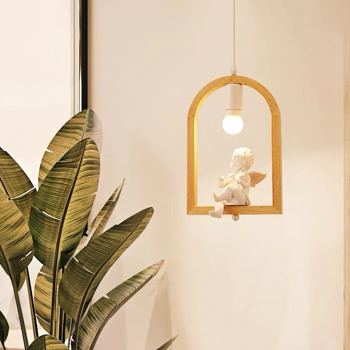 Traditional Farmhouse Rubberwood Iron Glass Angel Bird Round 1-Light Pendant Light For Living Room