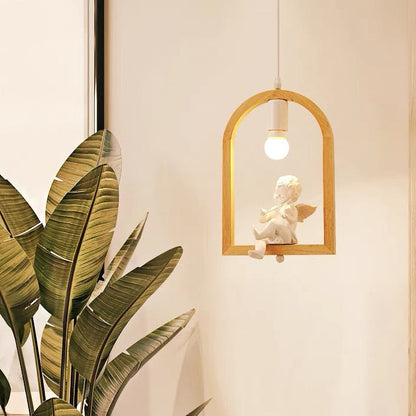 Traditional Farmhouse Rubberwood Iron Glass Angel Bird Round 1-Light Pendant Light For Living Room