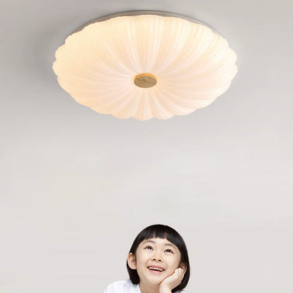 Modern Minimalist Rubberwood Iron Acrylic Textured Round LED Flush Mount Ceiling Light For Bedroom