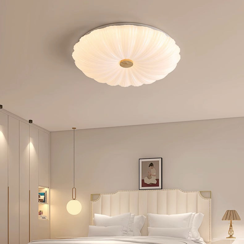 Modern Minimalist Rubberwood Iron Acrylic Textured Round LED Flush Mount Ceiling Light For Bedroom