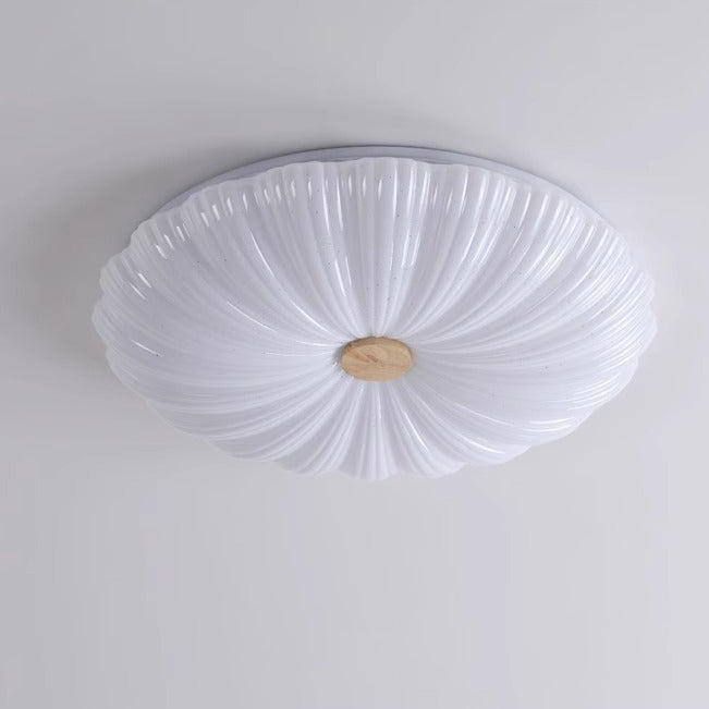 Modern Minimalist Rubberwood Iron Acrylic Textured Round LED Flush Mount Ceiling Light For Bedroom