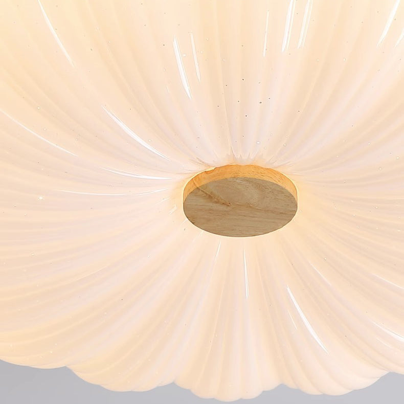 Modern Minimalist Rubberwood Iron Acrylic Textured Round LED Flush Mount Ceiling Light For Bedroom
