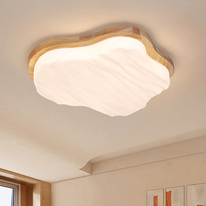 Traditional Chinese Rubberwood Acrylic Cloud Wave LED Flush Mount Ceiling Light for Living Room & Bedroom