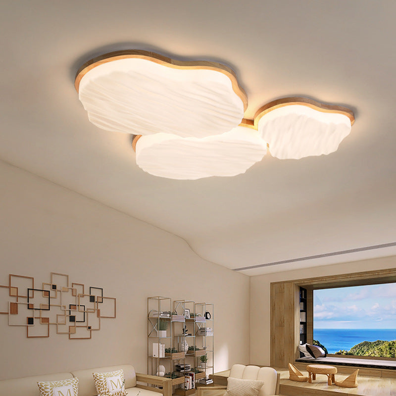 Traditional Chinese Rubberwood Acrylic Cloud Wave LED Flush Mount Ceiling Light for Living Room & Bedroom