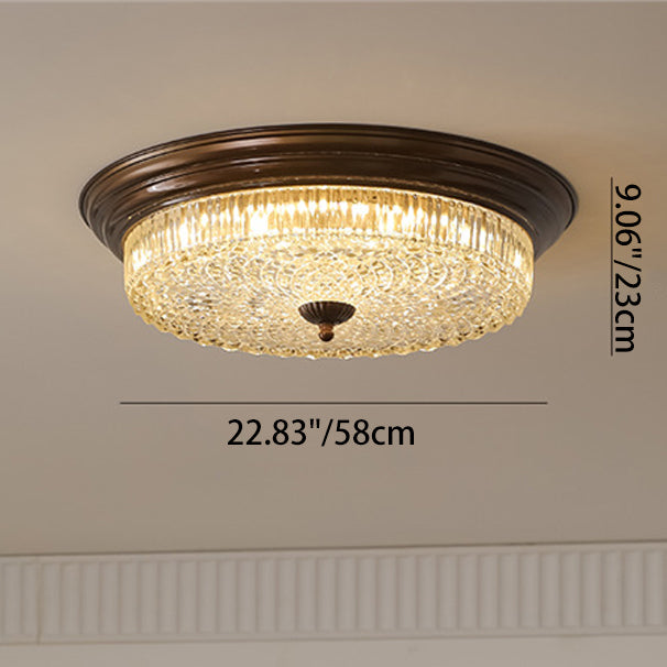 Traditional French Glass Iron Textured Round LED Flush Mount Ceiling Light for Bedroom
