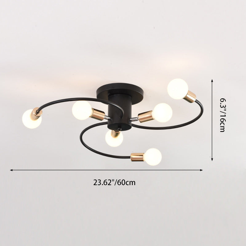Contemporary Nordic Iron Spiral Spider 6-Light Semi-Flush Mount Ceiling Light For Living Room