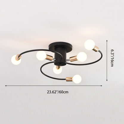 Contemporary Nordic Iron Spiral Spider 6-Light Semi-Flush Mount Ceiling Light For Living Room