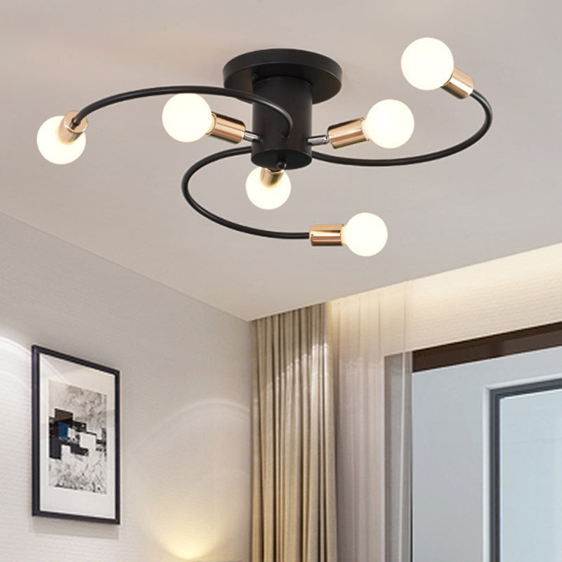 Contemporary Nordic Iron Spiral Spider 6-Light Semi-Flush Mount Ceiling Light For Living Room