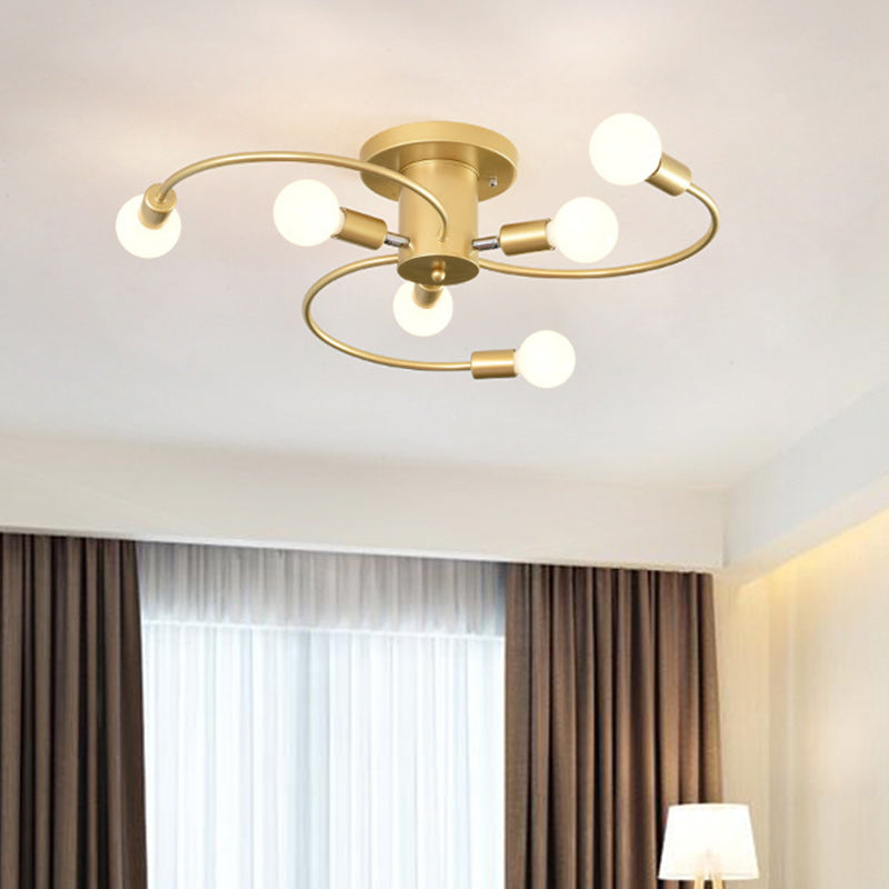 Contemporary Nordic Iron Spiral Spider 6-Light Semi-Flush Mount Ceiling Light For Living Room