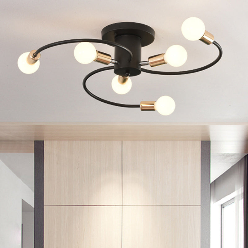 Contemporary Nordic Iron Spiral Spider 6-Light Semi-Flush Mount Ceiling Light For Living Room