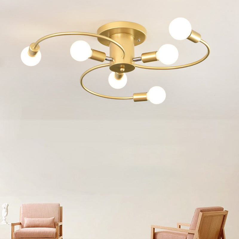 Contemporary Nordic Iron Spiral Spider 6-Light Semi-Flush Mount Ceiling Light For Living Room