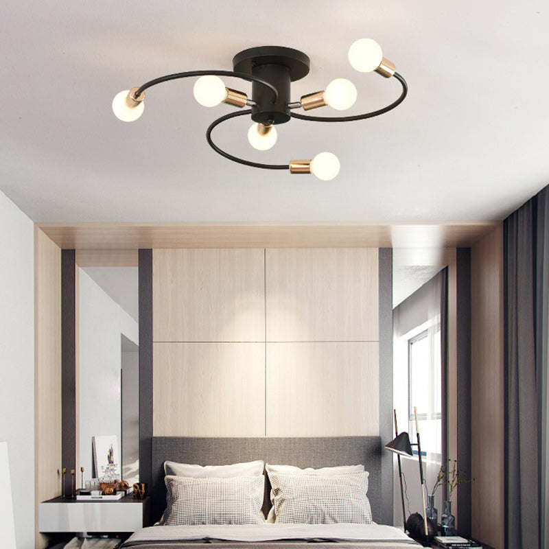 Contemporary Nordic Iron Spiral Spider 6-Light Semi-Flush Mount Ceiling Light For Living Room