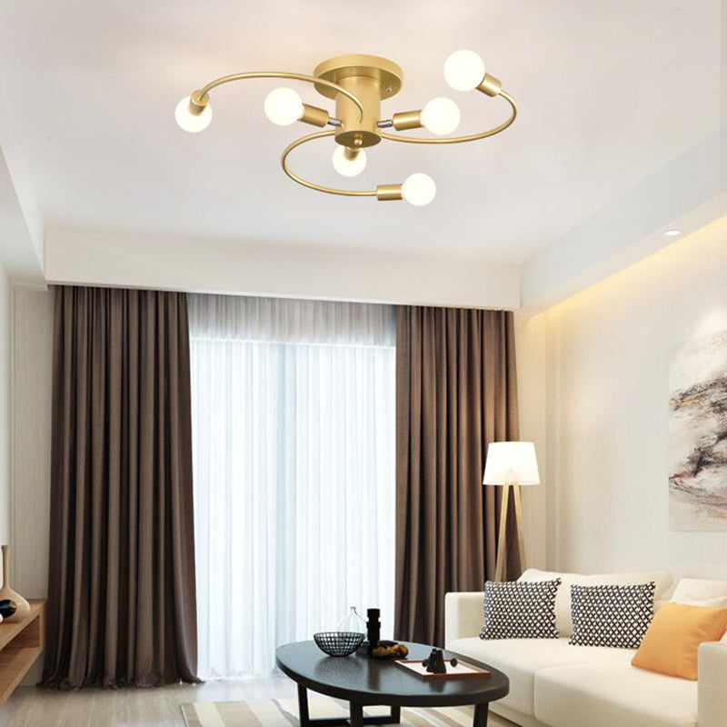 Contemporary Nordic Iron Spiral Spider 6-Light Semi-Flush Mount Ceiling Light For Living Room