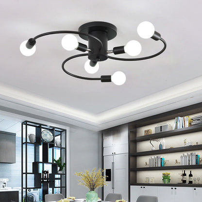 Contemporary Nordic Iron Spiral Spider 6-Light Semi-Flush Mount Ceiling Light For Living Room