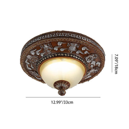 Traditional Vintage Iron Resin Glass Carved Round LED Flush Mount Ceiling Light for Bedroom