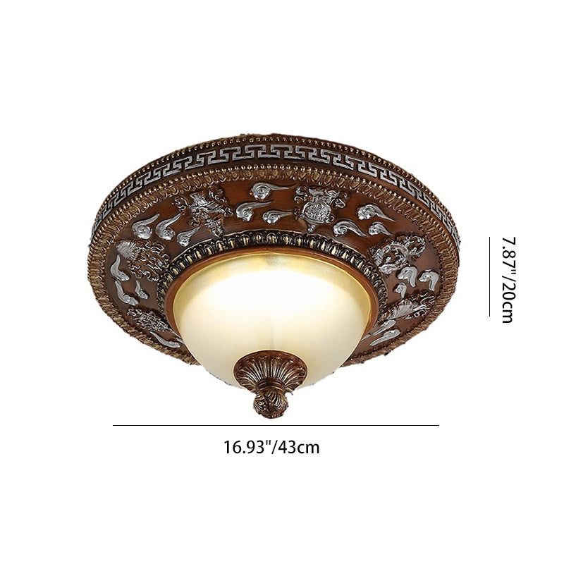 Traditional Vintage Iron Resin Glass Carved Round LED Flush Mount Ceiling Light for Bedroom