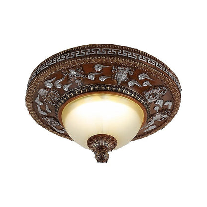 Traditional Vintage Iron Resin Glass Carved Round LED Flush Mount Ceiling Light for Bedroom