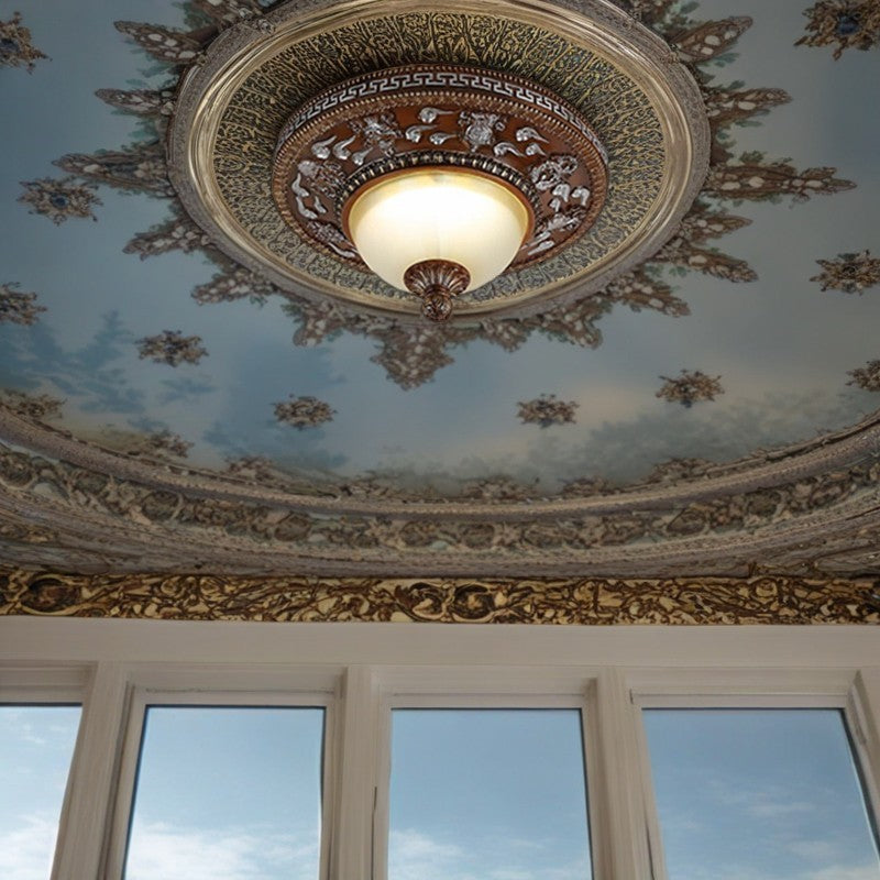 Traditional Vintage Iron Resin Glass Carved Round LED Flush Mount Ceiling Light for Bedroom